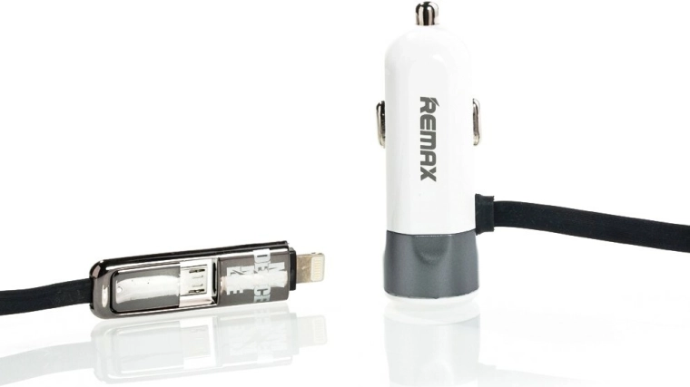 Remax avtomobilski polnilec 3,4 A z vgrajenim kablom Lightning in micro USB, siv