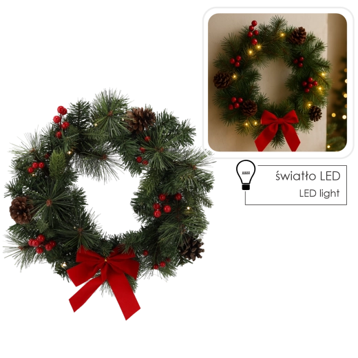 Božični venec z LED osvetlitvijo 40 cm – rdeč