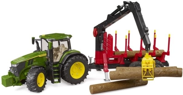 Traktor Bruder John Deere 7R 350 z gozdarsko prikolico in 4 hlodci