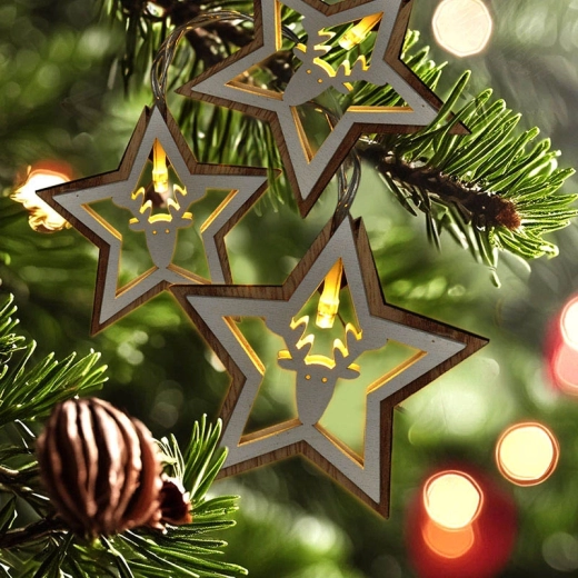 Wooden stars with warm light
