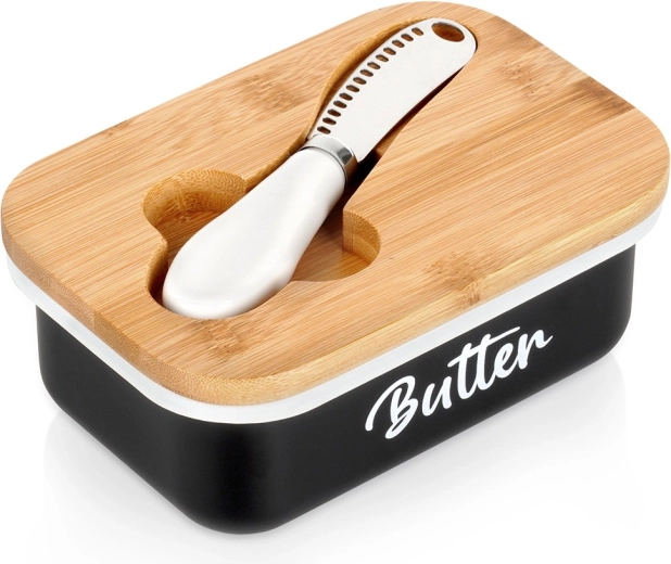 Posodica za maslo črna z bambusovim pokrovom in nožkom Vilde