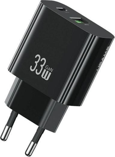 USAMS T65 33 W GaN hitri omrežni polnilnik z USB-C in USB-A (črn)
