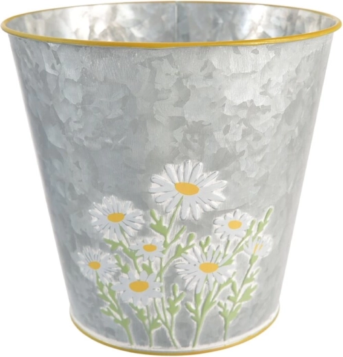 Pločevinasti cvetlični lonec z reliefom marjetice, siv