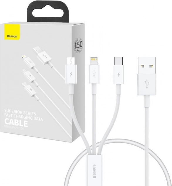 Baseus Superior večportni polnilni in podatkovni kabel USB na Lightning/USB‑C/Micro USB 0,5 m bel