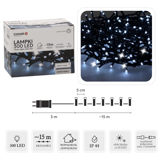 LED veriga 300 diod hladno bela z učinkom flash, 18 m za notranjo in zunanjo uporabo