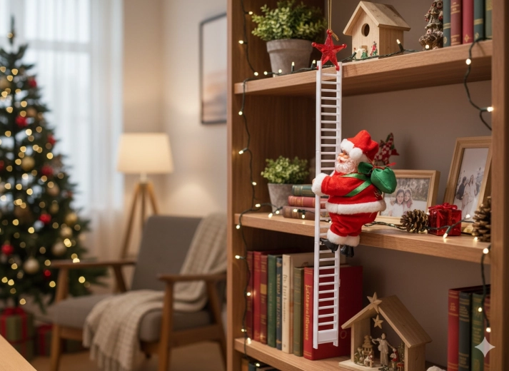 Miklavž, ki se vzpenja po lestvi 20,5 cm – gibljiva božična dekoracija z melodijo
