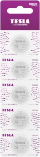 Litijeva gumbna baterija TESLA CR2025 3 V, pakiranje 5 kos