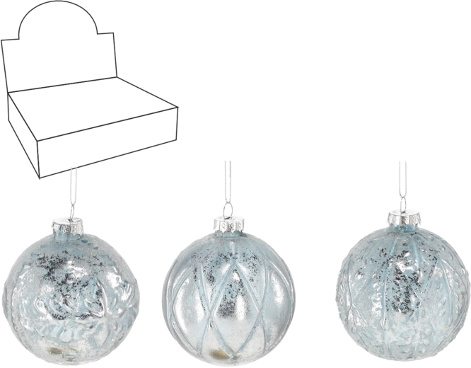 Steklene božične krogle 8 cm, modro‑srebrne, komplet 12 kos