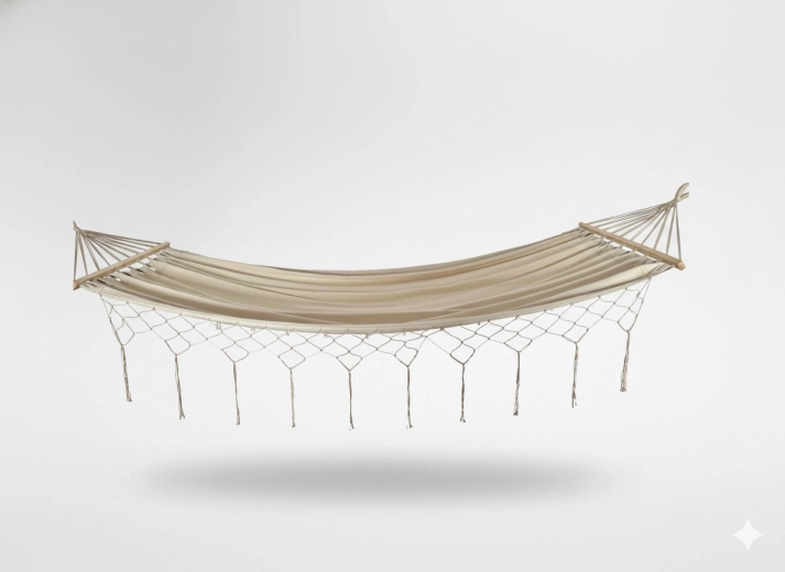 Boho viseča mreža s cofki 200 × 100 cm, bež