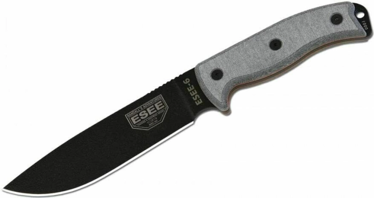 Univerzalni nož ESEE 6P z gladkim rezilom, črna/siva, Micarta, tok