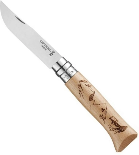 Opinel N°08 žepni nož z bukovim ročajem, motiv alpinizma, 8,5 cm