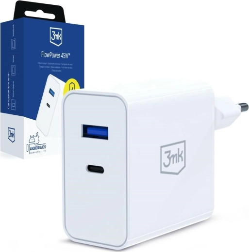 Omrežni polnilnik 3MK FlowPower 45 W PD 3.0 QC4+ USB-A/USB-C bel