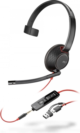 Enostranska slušalka POLY Blackwire 5210 USB‑C s 3,5‑mm priključkom in adapterjem USB‑C/USB‑A