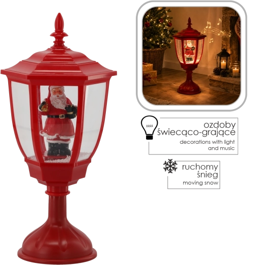 Christmas LED Lantern with St. Nicholas and Music Box, 55 cm, Red