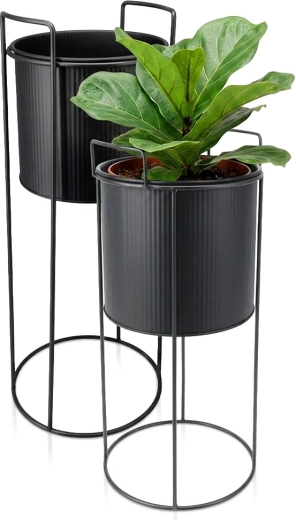black metal flower stand with two planters