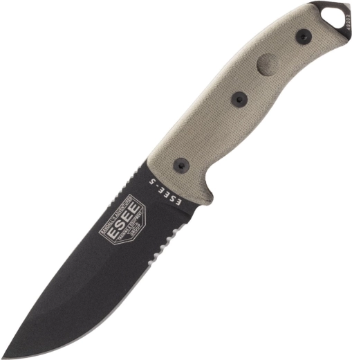 ESEE 5 nazobčano rezilo, črno rezilo, ročaj iz micarte, Kydex nožnica