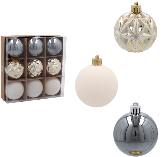 Set božičnih krogel 6 cm v odtenkih šampanjske, sive in bele – 9 kosov