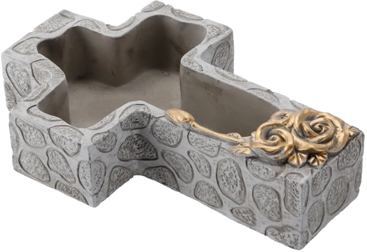Cementna pokopališka skleda v obliki križa, siva z zlatimi detajli 28 × 18 × 7,5 cm