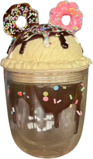 Clear cup with lid and straw featuring a donut design, 350 ml