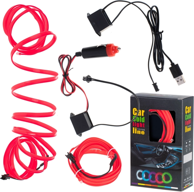 Ambientna LED osvetlitev za avto in notranjost, 3 m, rdeča, USB in 12 V