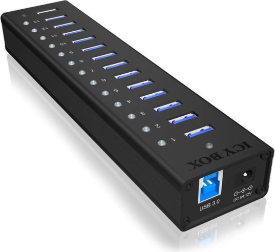 Icy Box aktivno aluminijasto vozlišče USB 3.0, 13 vrat + polnilni priključek