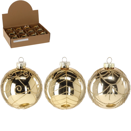 Steklena božična krogla 8 cm z zlatim brokatom