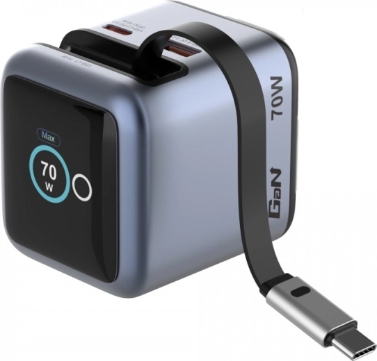 Verbatim mini GaN charger 70 W with retractable USB‑C cable and display