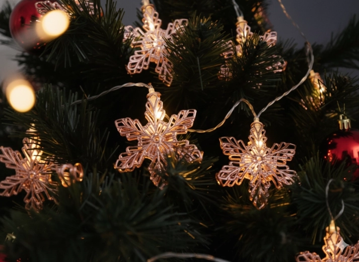 LED svetlobni niz snežinke rožnato zlato, topla bela, 10 LED