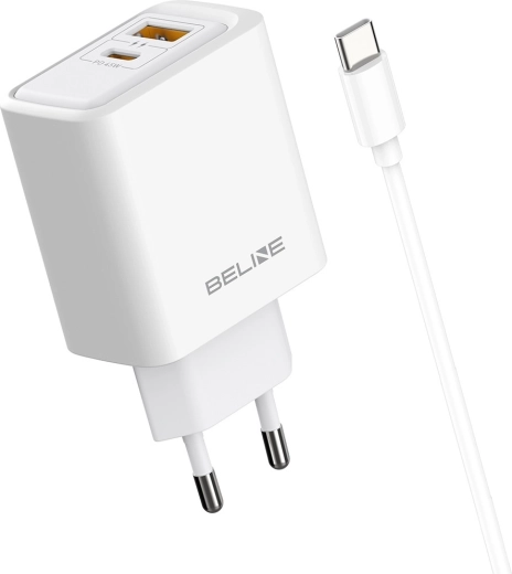 Omrežni polnilnik Beline 45 W USB-A/USB-C s kablom GaN PD, bel