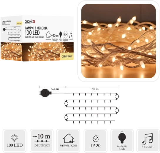 LED svetlobni venček z melodijo USB, toplo bela, 100 diod, 10 m