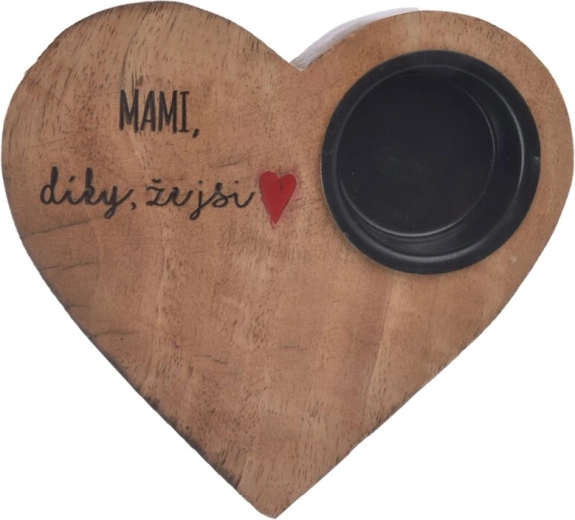 Svečnik iz mangovega lesa v obliki srca »mami« 13 × 12 × 2,5 cm