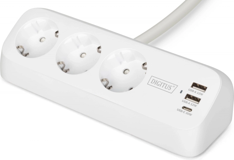 Namizni podaljšek prenapetostna letvica s sponko, 3 vtičnice schuko, 2× usb‑a 12 w, 1× usb‑c 30 w, kabel 1,5 m, bela