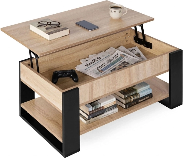 Konferenčna mizica z dvižnim pultom 90 cm, shranjevalnim prostorom in polico, hrast sonoma, ModernHome