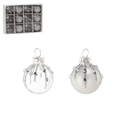 Set steklenih božičnih okraskov – srebrne in prozorne krogle, 12 kosov