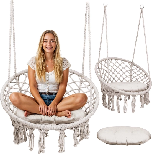 Hanging boho armchair beige with cushion
