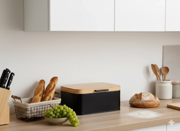 Škatla za kruh Lauro iz kovine z bambusovim pokrovom, črna