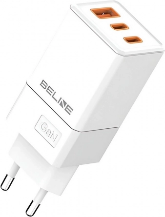 Omrežni polnilec 65 W GaN z 2× USB‑C in USB‑A, bel