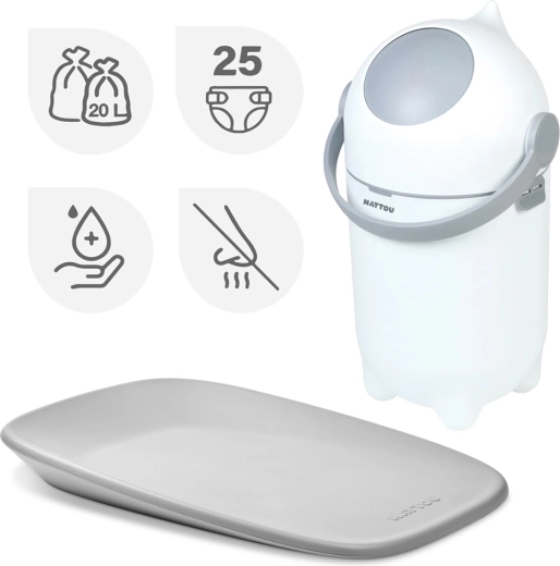 NATTOU koš za plenice Dropy in previjalna podloga Softy White/Grey 50 × 70 cm