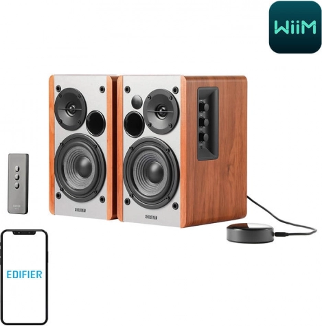 Zvočniki Edifier R1280T z WiiM Mini v rjavi barvi