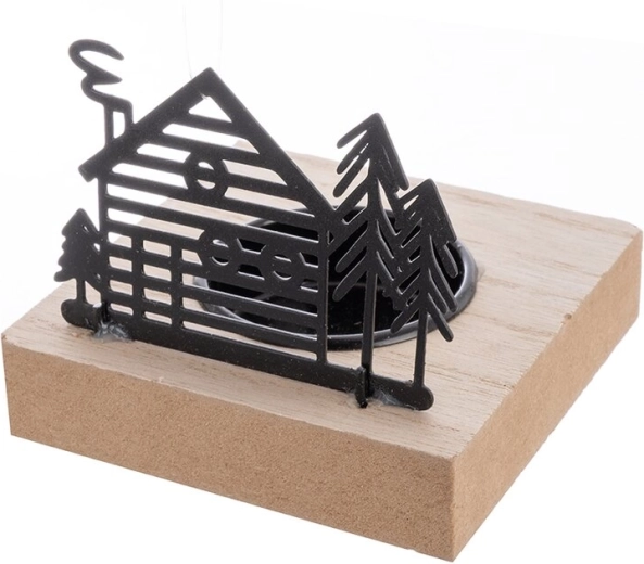 Dekorativni svečnik hišica iz lesa in kovine 8 × 8 × 7 cm