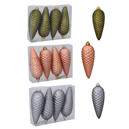 Set božičnih okraskov storži, mat 14 cm – olivna, bakrena in grafitna (4 kosi)