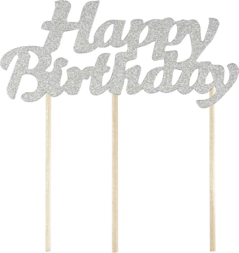 Dekoracija za torto Happy Birthday, srebrna