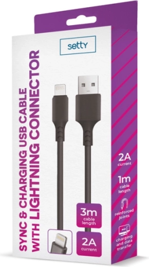 Setty USB–Lightning kabel 3 m 2 A črn