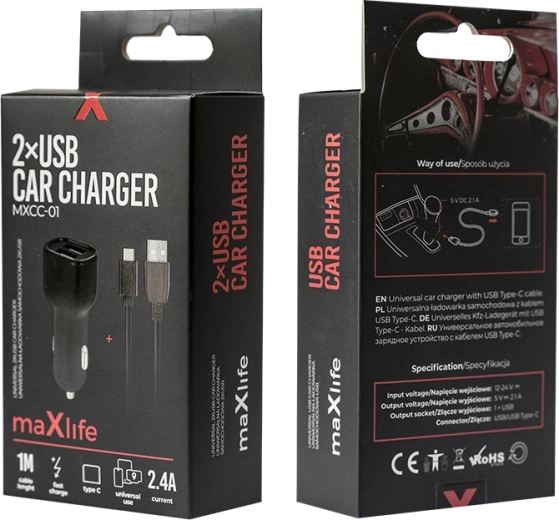Avtopolnilec MAXLIFE 2× USB + USB‑C 2,4 A, črna