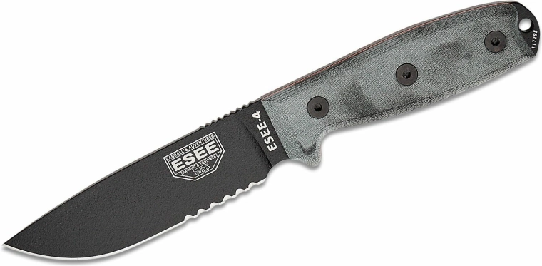 ESEE nož 4S s parcialnim žlebičenjem, 11,4 cm, črna/siva, Micarta, tok MOLLE