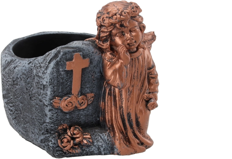 Cementni nagrobni cvetlični lonček z angelčkom v bakrenem odtenku 16 × 14 × 15,5 cm