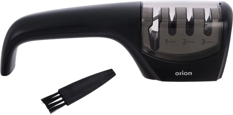 Manual knife sharpener with three sharpening stages and handle