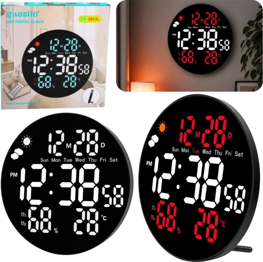 Gaosio digitalna LED stenska ura 25 cm s temperaturo, vlago in daljinskim upravljanjem