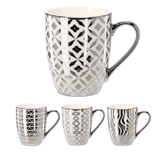 Porcelanasta skodelica 340 ml v srebrno-beli barvi z geometrijskimi vzorci
