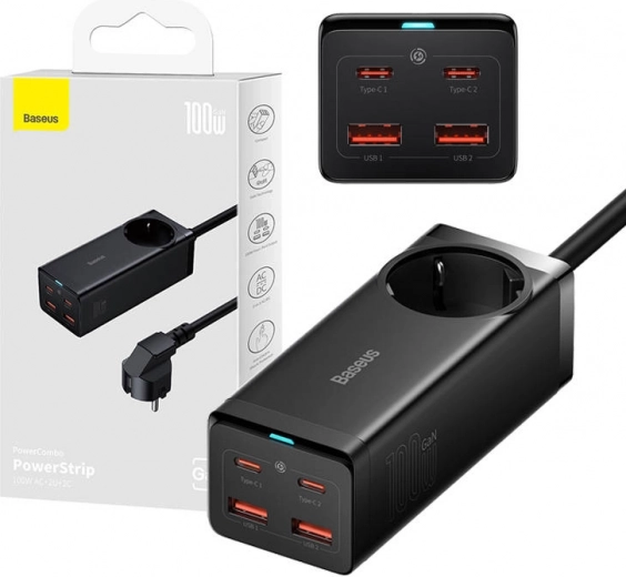 Baseus GaN3 Pro napajalni razdelilec in polnilnik 100 W, 2× USB‑C + 2× USB + AC (črna)
